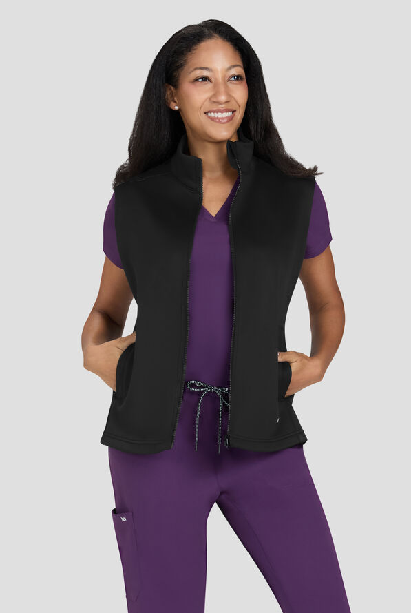 koi Essentials Alia Women's 3-Pocket Zip Front Scrub Vest - Black - 2