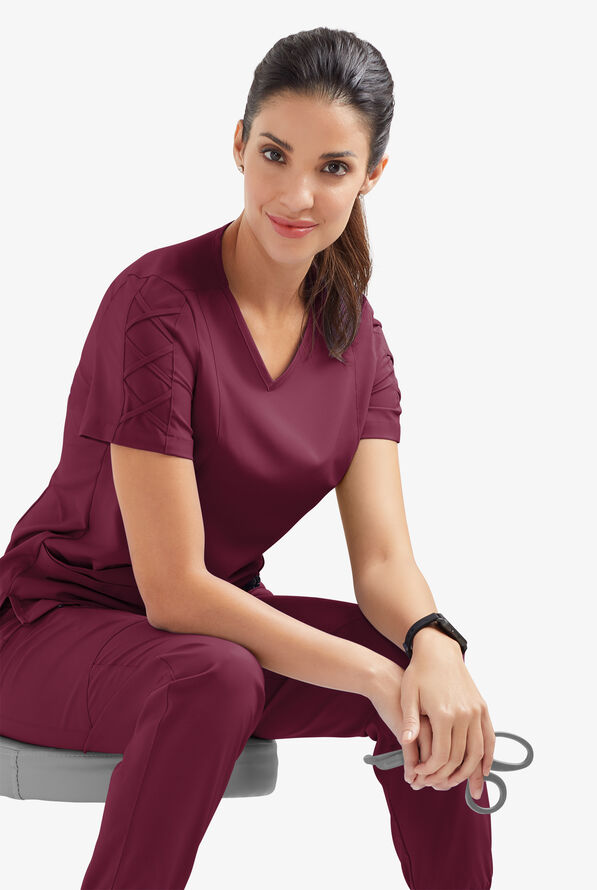 Easy STRETCH Kylie Woman's 5 Pocket V-Neck With Criss-Cross Detail Scrub Top - Wine - 5