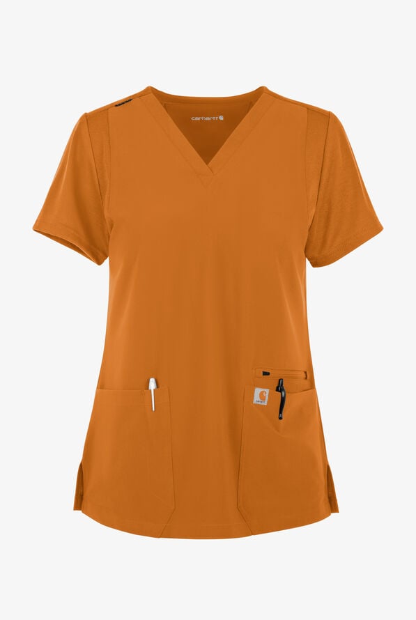 Carhartt Cross-Flex Force Women's 3-Pocket STRETCH Knit Panel Scrub Top - Fox Brown - 1