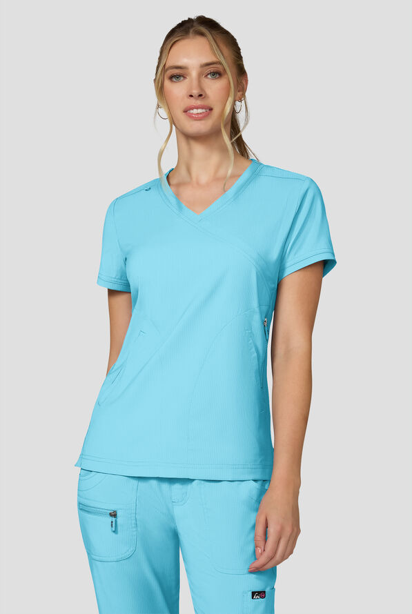 koi Lite&trade; Philosophy Women's 3-Pocket Mock Wrap Side Zipper Scrub Top - Sky - 2