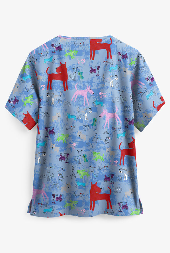 Butter-Soft Watercolor Pups Ceil Women's 2-Pocket V-Neck Print Scrub Top - null - 2