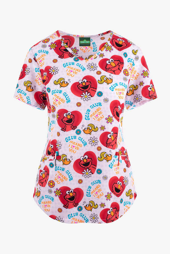 Tooniforms Sesame Street's Elmo Glub Glub Women's 2-Pocket STRETCH V-Neck Print Scrub Top - null - 1