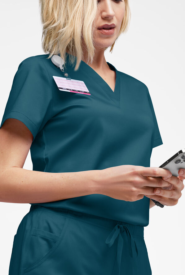 Butter-Soft STRETCH Women's V-Neck Tuck In Top - Caribbean Blue - 2