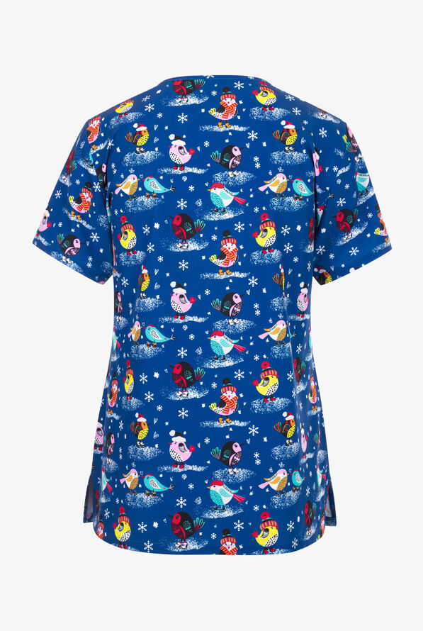 Green Town Snow Birds Women's 3-Pocket STRETCH V-Neck Print Scrub Top - null - 2