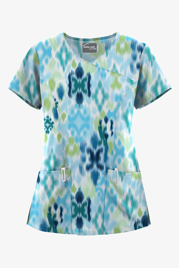 Butter-Soft STRETCH Varna Ikat Turquoise Women's 3-Pocket V-Neck Mock Wrap Print Scrub Top - null - 1