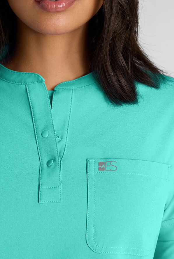 Easy STRETCH Bella Women's 1-Pocket Henley Scrub Top - Aqua Dust - 4
