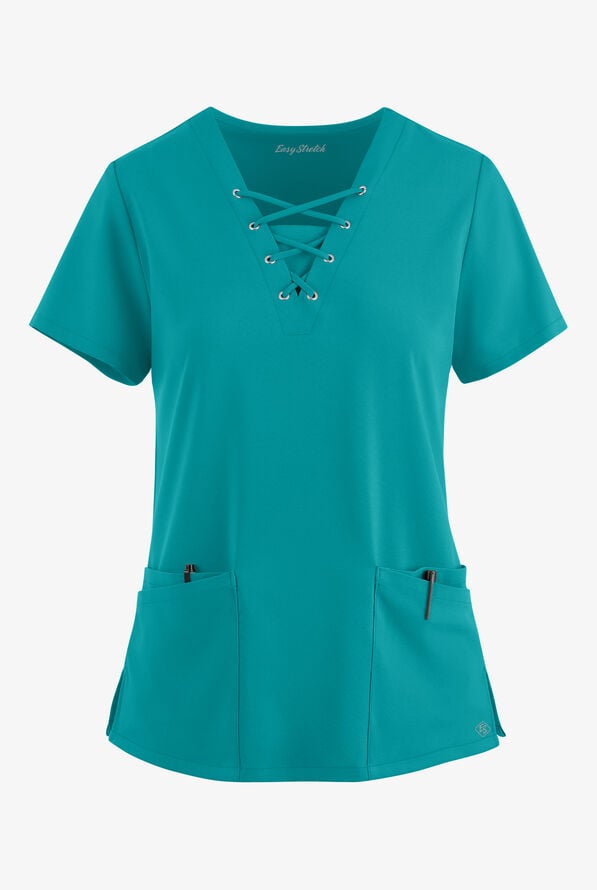 Easy STRETCH Gisele Women's 4-Pocket Lace Up V-Neck Scrub Top - Teal - 1
