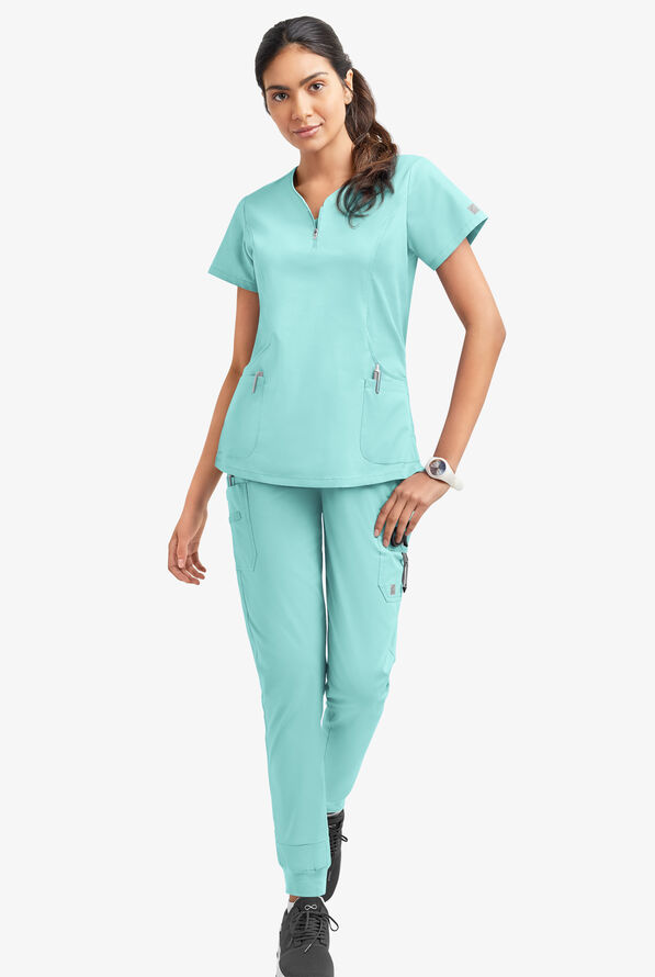 Butter-Soft STRETCH Women's 4-Pocket Curved Neck Zipper Scrub Top - Aqua Moon - 2