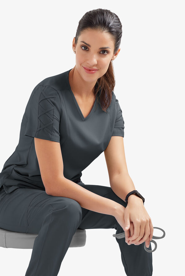 Blusa m&eacute;dica EASY STRETCH Kylie con detalle entrecruzado y 5 bolsillos para mujer - Pewter - 5
