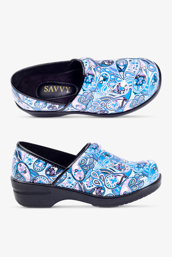 Savvy Women's Brandy Blue Purple Paisley Patent Leather Nursing Clogs - null - 1