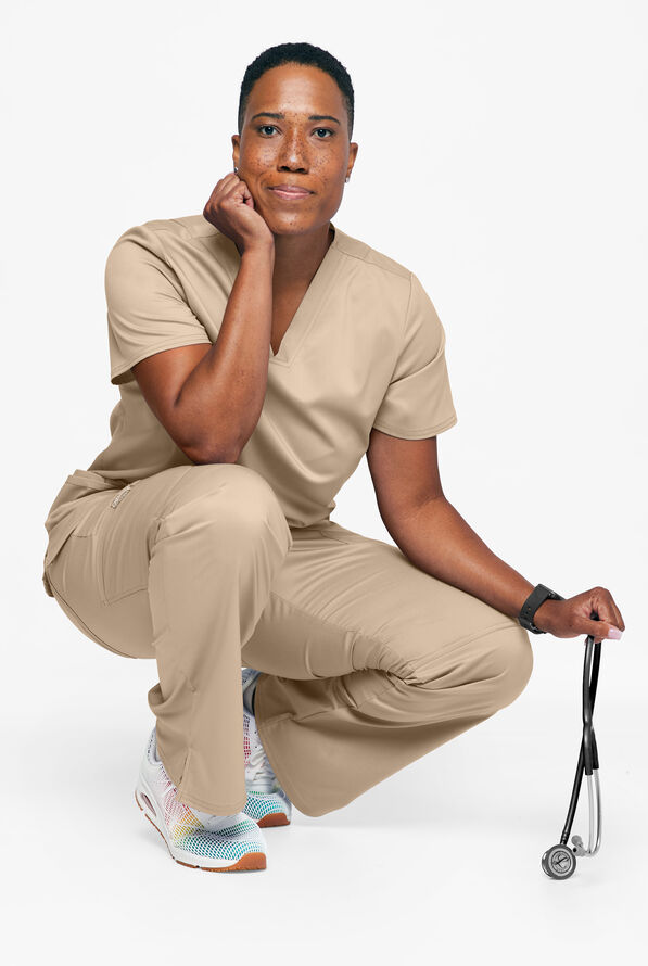 Cherokee Workwear Revolution Women's 3-Pocket STRETCH V-Neck Scrub Top - Khaki - 3