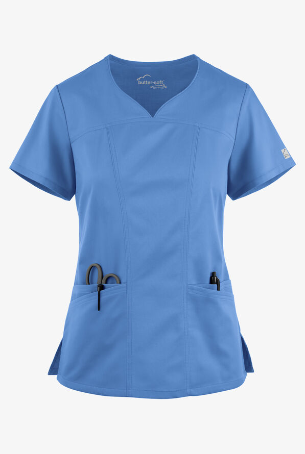 Butter-Soft STRETCH Women's 4-Pocket Sweetheart Neck Scrub Top - Ceil Blue - 1