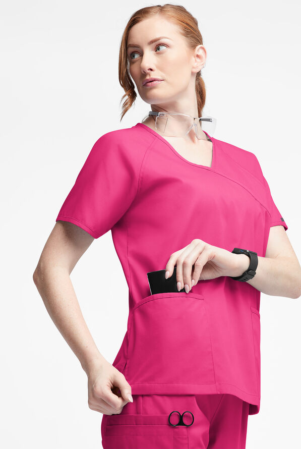 Butter-Soft Originals Women's 3-Pocket Mock Wrap Raglan Sleeve Scrub Top - Fuchsia - 2