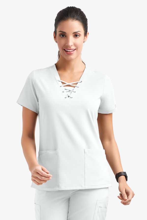 Easy STRETCH Gisele Women's 4-Pocket Lace Up V-Neck Scrub Top - White - 2