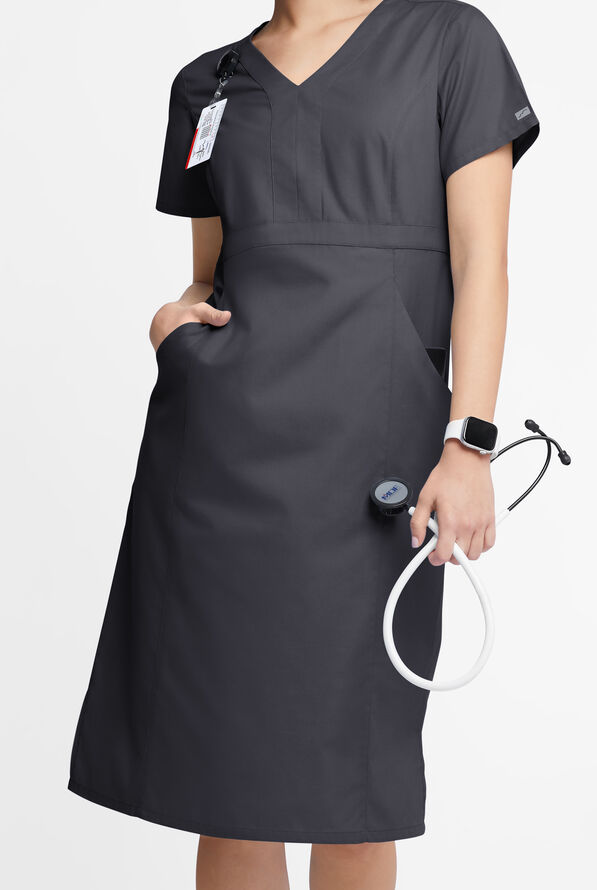 Butter-Soft Originals Women's 4- Pocket V-Neck Empire Waist Dress - Pewter - 1