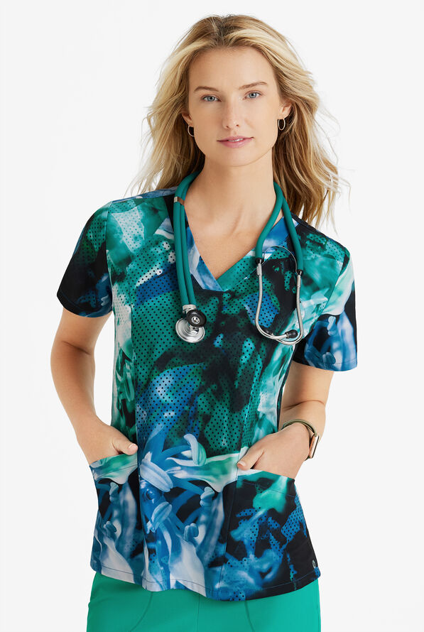 Barco One Petal Radiance Women's 4-Pocket STRETCH V-Neck Print Scrub Top - null - 2