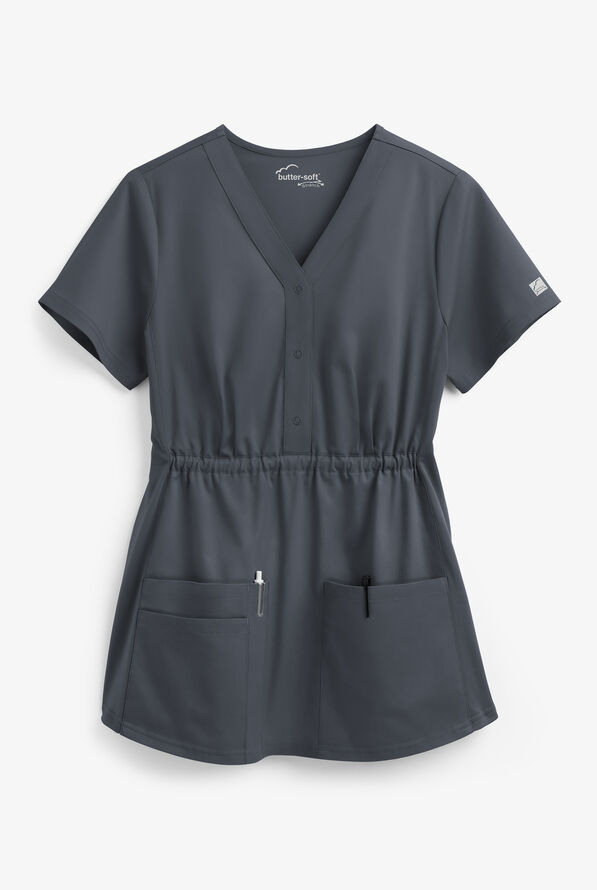 Butter-Soft STRETCH Women's 3-Pocket Knit Panel Maternity Scrub Top - Pewter - 1