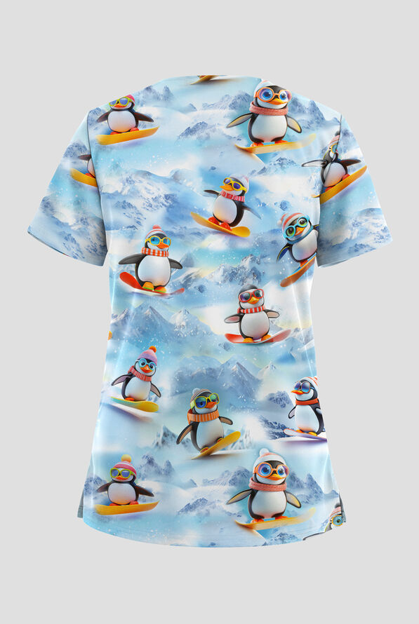 Butter-soft STRETCH Penguin Slopes Women's 2-Pocket V-Neck Print Scrub Top - null - 2