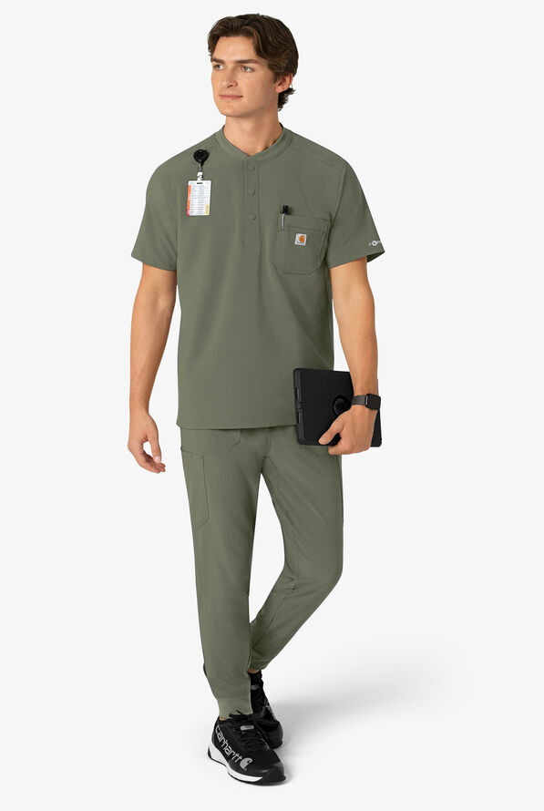 Carhartt Cross-Flex Men's 3-Pocket STRETCH Zip Pocket Henley Banded Collar Scrub Top - Olive - 5