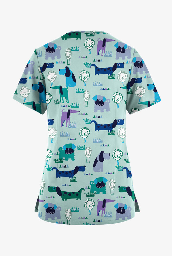 Butter-Soft Originals Meeting In The Park Women's 7-Pocket Rounded V-Neck Print Scrub Top - null - 2