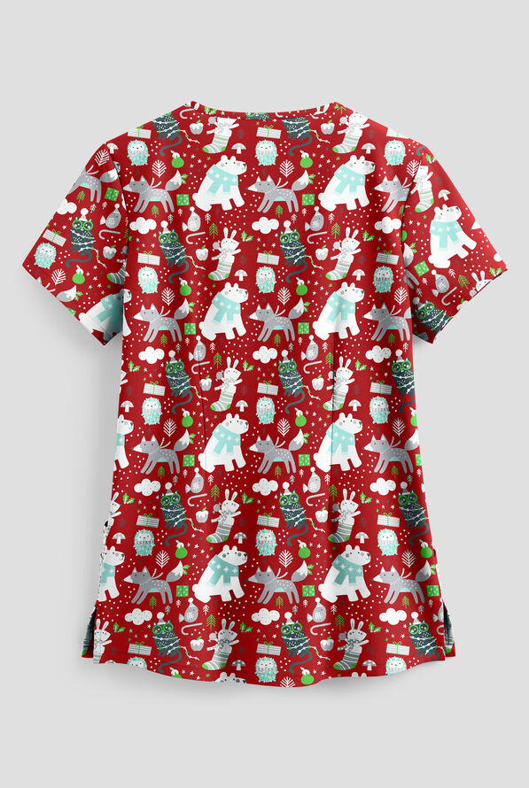 Strictly Scrubs STRETCH Winter Pals Red Women's 4-Pocket Rounded V-Neck Print Scrub Top - null - 2