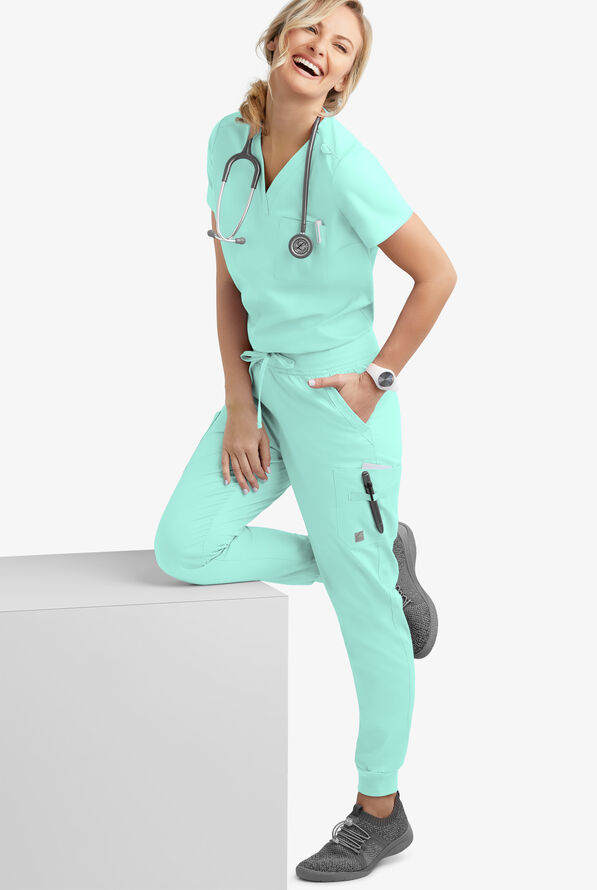 Blusa m&eacute;dica Butter-Soft STRETCH con cuello en V y 2 bolsillos para mujer - Aqua Shell - 2