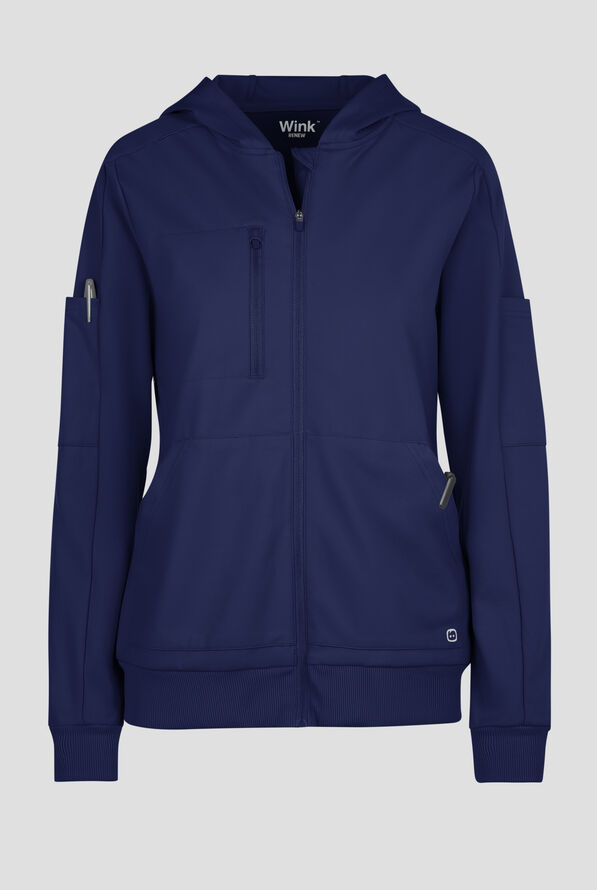 Wink Renew Knit Women's 4-Pocket STRETCH Front Zip Scrub Hoodie Jacket - Navy - 1