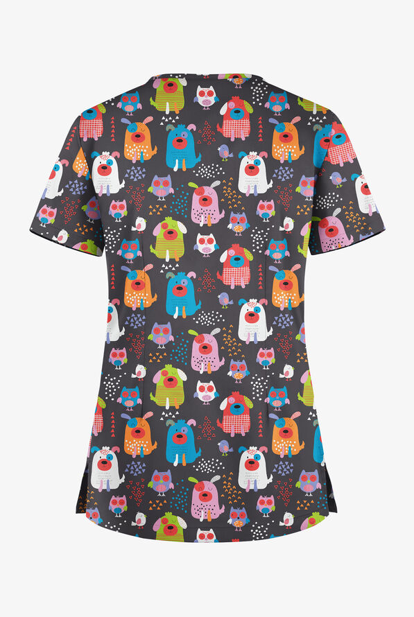 Butter-Soft STRETCH Yard Friends Pewter Women's 1-Pocket Tuck-In V-Neck Print Scrub Top - null - 2
