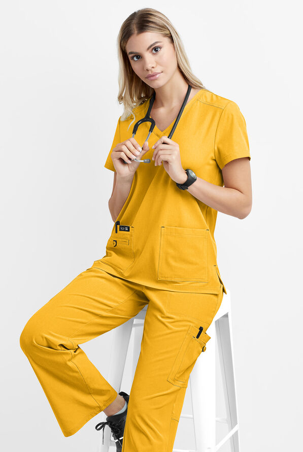 koi Basics Becca Women's 4-Pocket STRETCH V-Neck Scrub Top - Heather Mango - 4