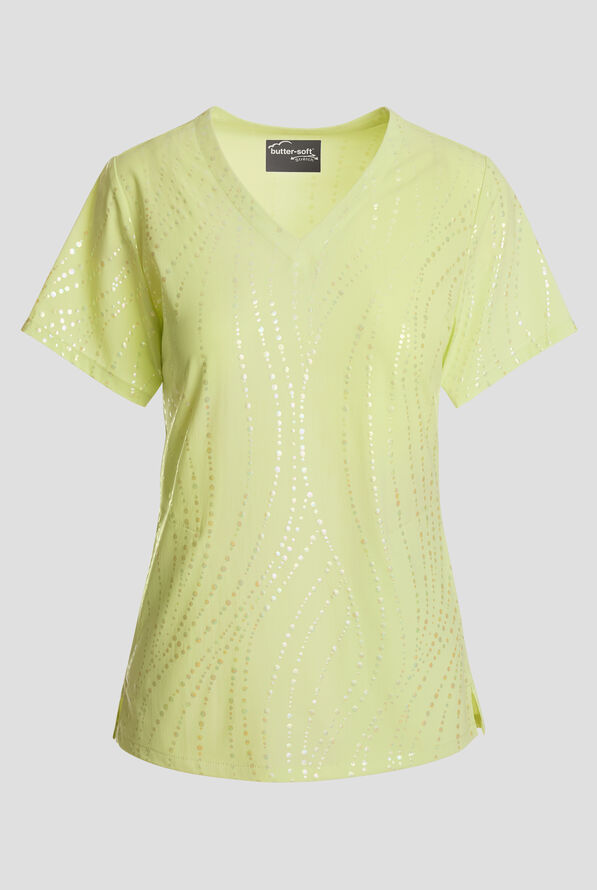 Butter-Soft STRETCH Rhythmic Waves Cool Matcha Women's 2-Pocket V-Neck Print Scrub Top - null - 1