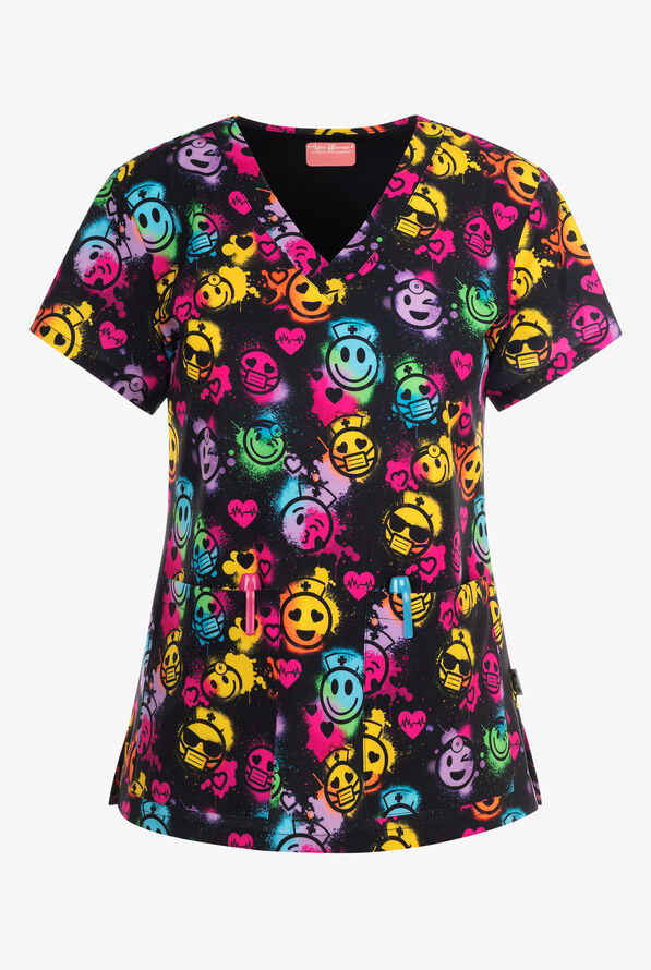 Zavate Ava Therese Happy Healing Women's 2-Pocket STRETCH V-Neck Print Scrub Top - null - 1