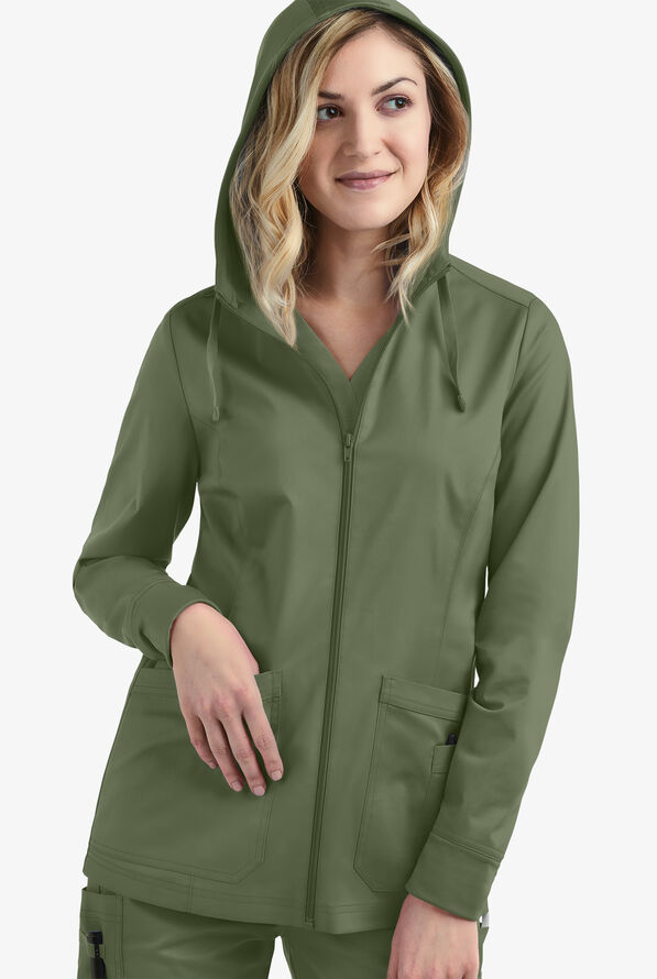 Butter-Soft STRETCH Women's 3-Pocket Zip-Front with Cozy Knit Hood and Trim Scrub Jacket - Light Olive - 3