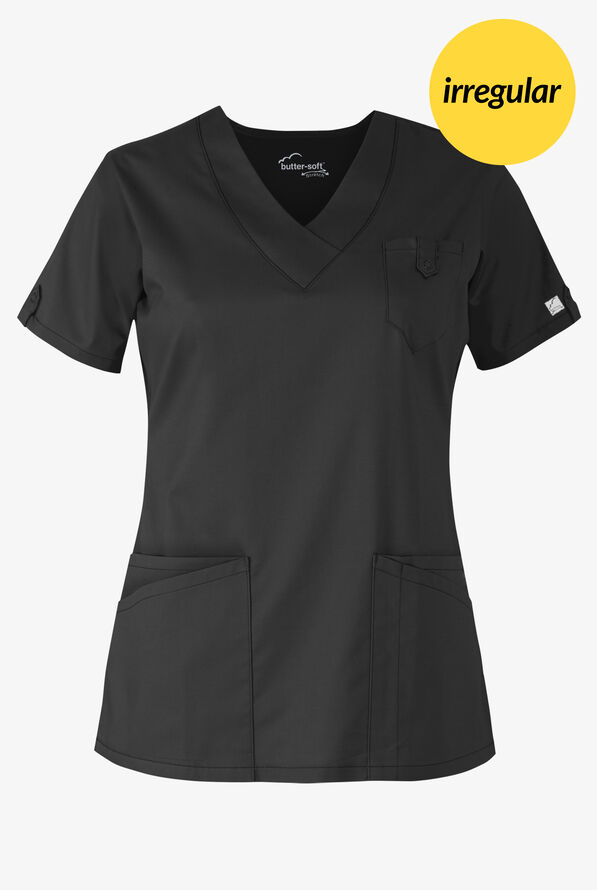 Butter-Soft STRETCH Women's 5-Pocket V-Neck Scrub Top **IRREGULAR** - Black - 1