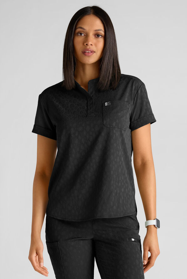 Blusa médica Easy STRETCH Bella estilo Henley de tela Jacquard con 1 bolsillo para mujer - Onyx Black - 1