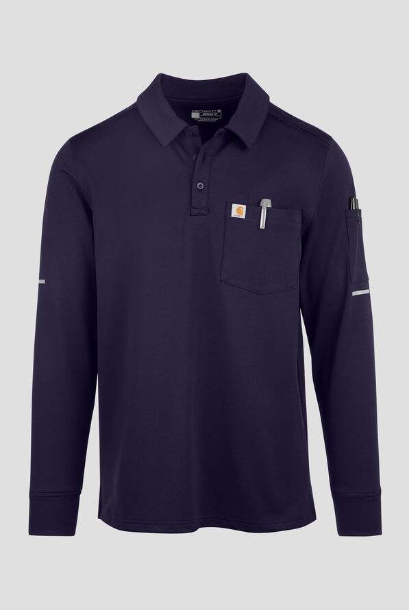 Carhartt Rugged Flex FLD & RSCU Men's 3-Pocket STRETCH Button Placket Long Sleeve Polo Scrub Top - Dark Navy - 1