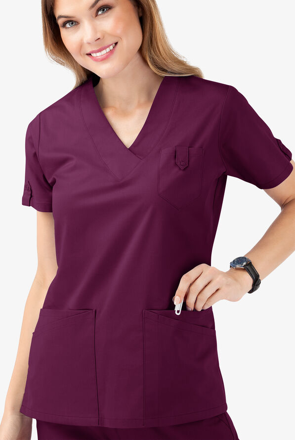 Blusa m&eacute;dica Butter-Soft STRETCH con cuello en V y 6 bolsillos para mujer - Wine - 5