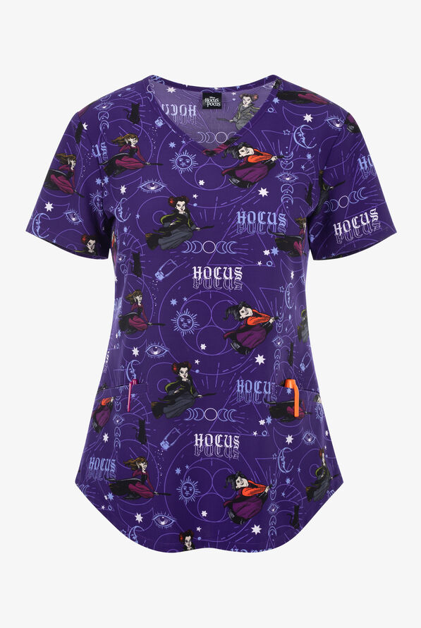 Tooniforms Disney's Hocus Pocus Moon Phase Women's 2-Pocket STRETCH V-Neck Print Scrub Top - null - 1