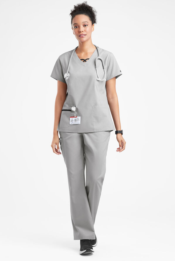 Blusa m&eacute;dica Butter-Soft Originals con cuello entrecruzado en contraste y 3 bolsillos para mujer - Silver/Black - 4