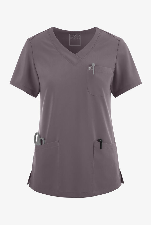 Easy STRETCH Tessa Women's 5-Pocket V-Neck Scrub Top - Grey Stone - 1
