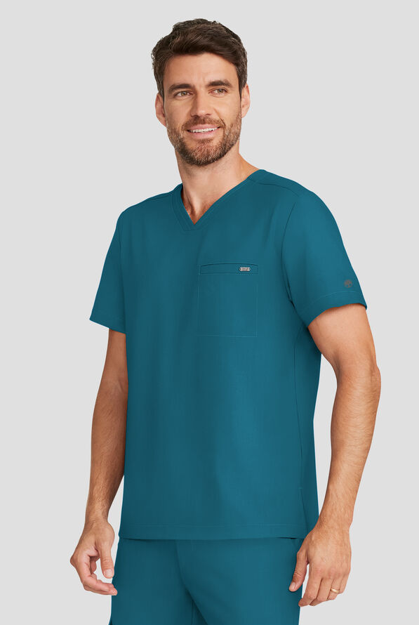 Healing Hands Quest Men's 1-Pocket STRETCH Tuck In V-Neck Scrub Top - Caribbean Blue - 2