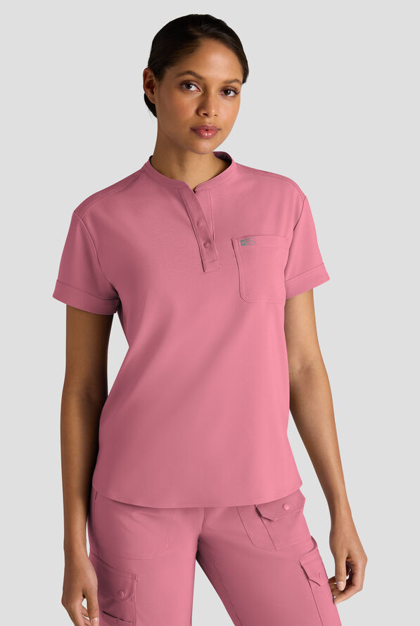 Easy STRETCH Bella Women's 1-Pocket Henley Scrub Top - Tea Rose - 1