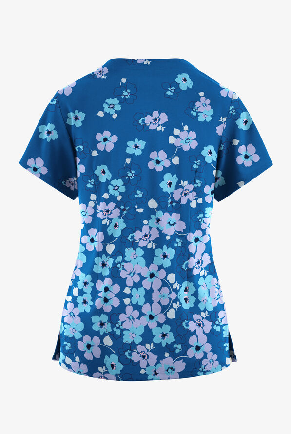 Butter-Soft Originals Boho Floral Royal Women's 2-Pocket Scallop Neck Print Scrub Top - null - 2