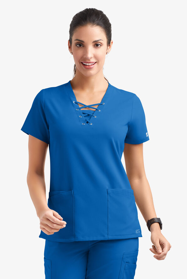 Easy STRETCH Gisele Women's 4-Pocket Lace Up V-Neck Scrub Top - Royal - 2