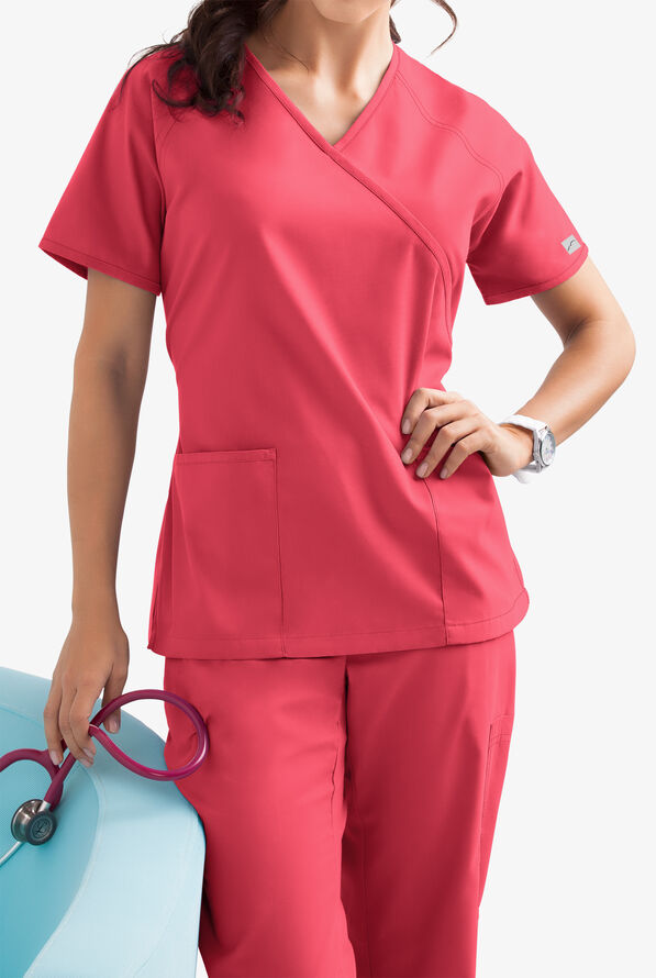 Butter-Soft Core Women's 2-Pocket Solid Mock Wrap Scrub Top - Rose Dusk - 2