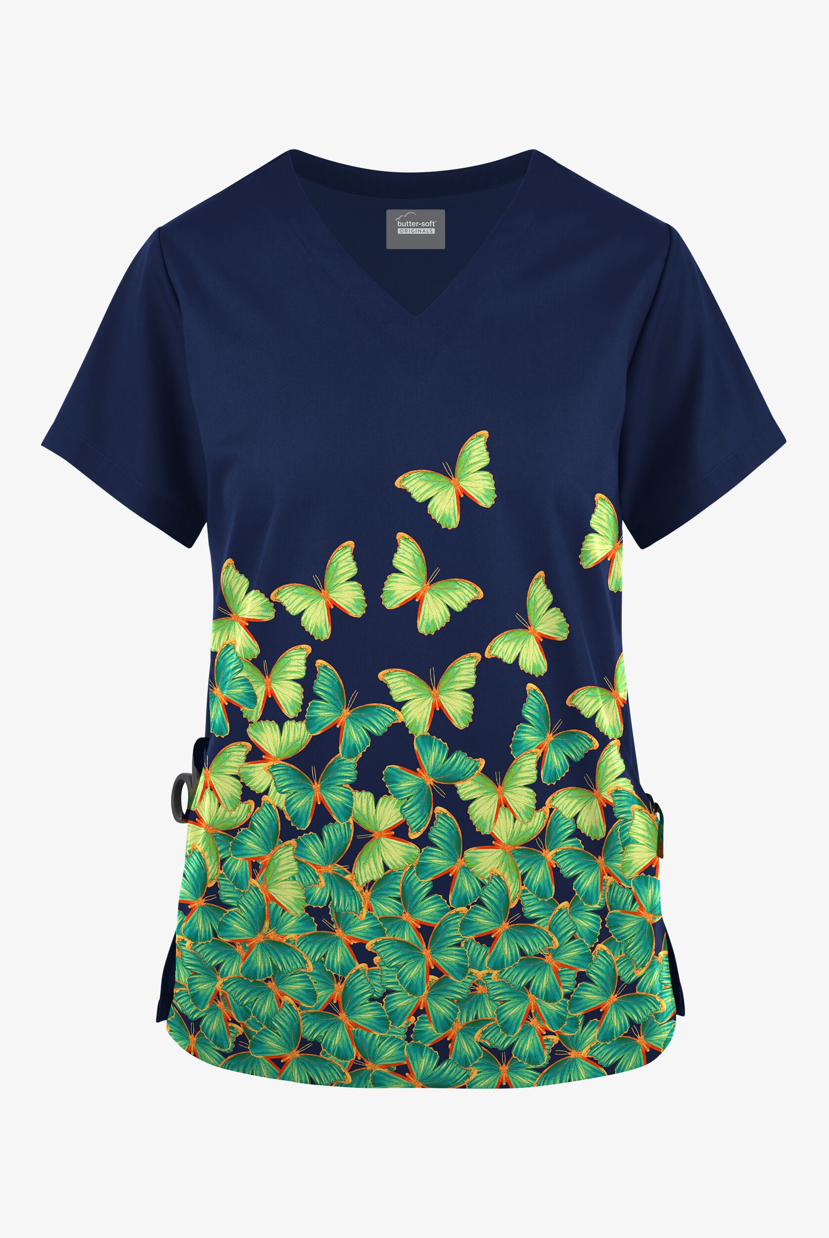 Butter-Soft Originals Spring Butterflies Navy Women's 2-Pocket V-Neck ...