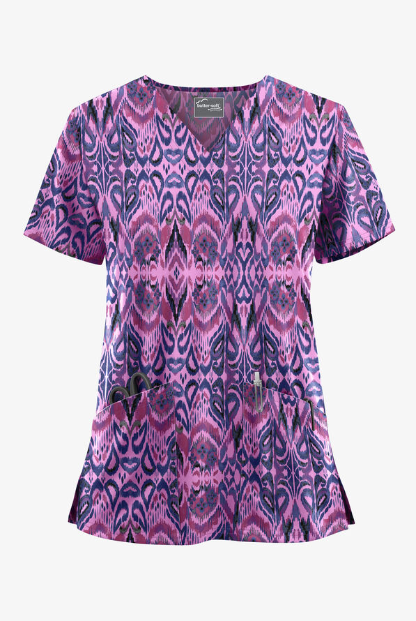 UA Butter-Soft STRETCH Romanian Ikat Orchid Women's 2-Pocket V-Neck Print Scrub Top - null - 1