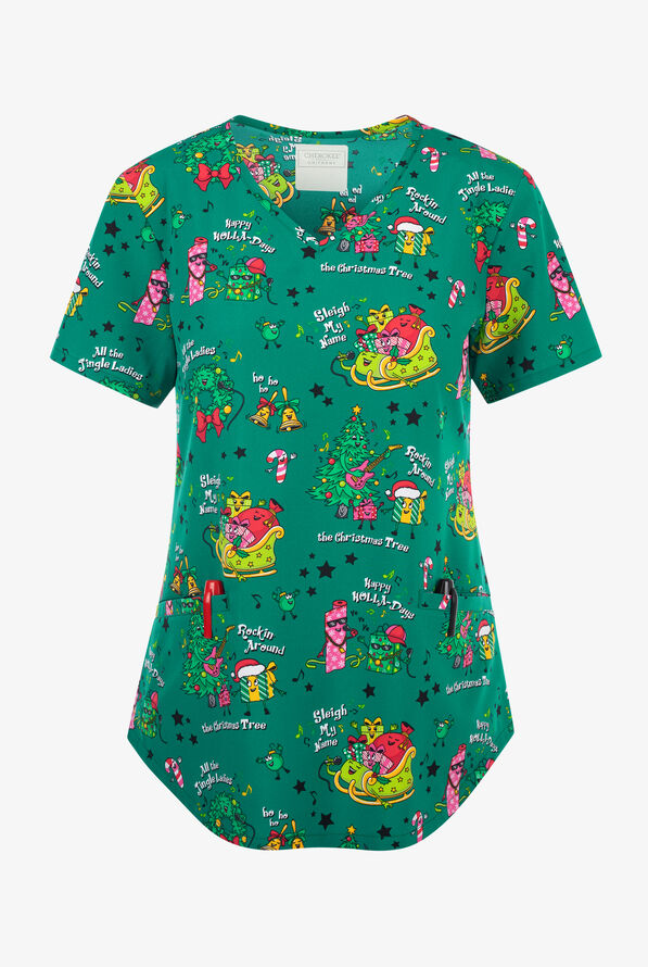 Cherokee Sleigh My Name Women's 2-Pocket STRETCH V-Neck Print Scrub Top - null - 1
