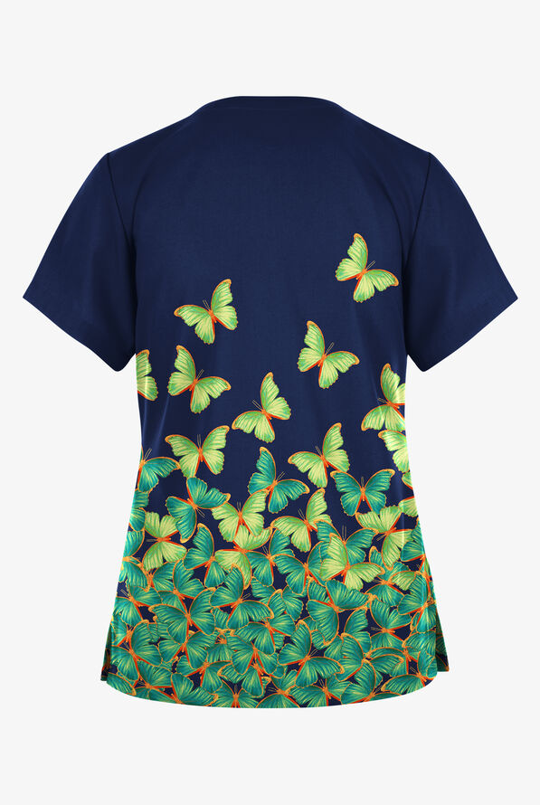 Butter-Soft Originals Spring Butterflies Navy Women's 2-Pocket V-Neck Print Scrub Top - null - 2
