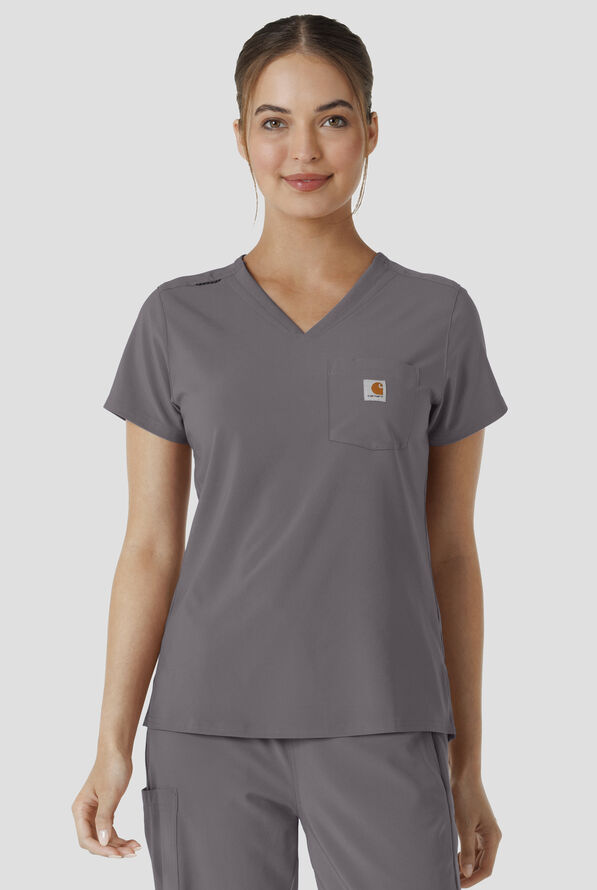 Carhartt Cross-Flex Force Women's 1-Pocket STRETCH Knit Panel Tuck In Scrub Top - Pewter - 2