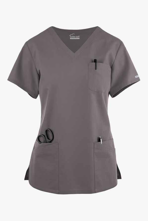 Blusa médica Butter-Soft Originals con cuello en V curvo y 7 bolsillos para mujer - Grey Stone - 1